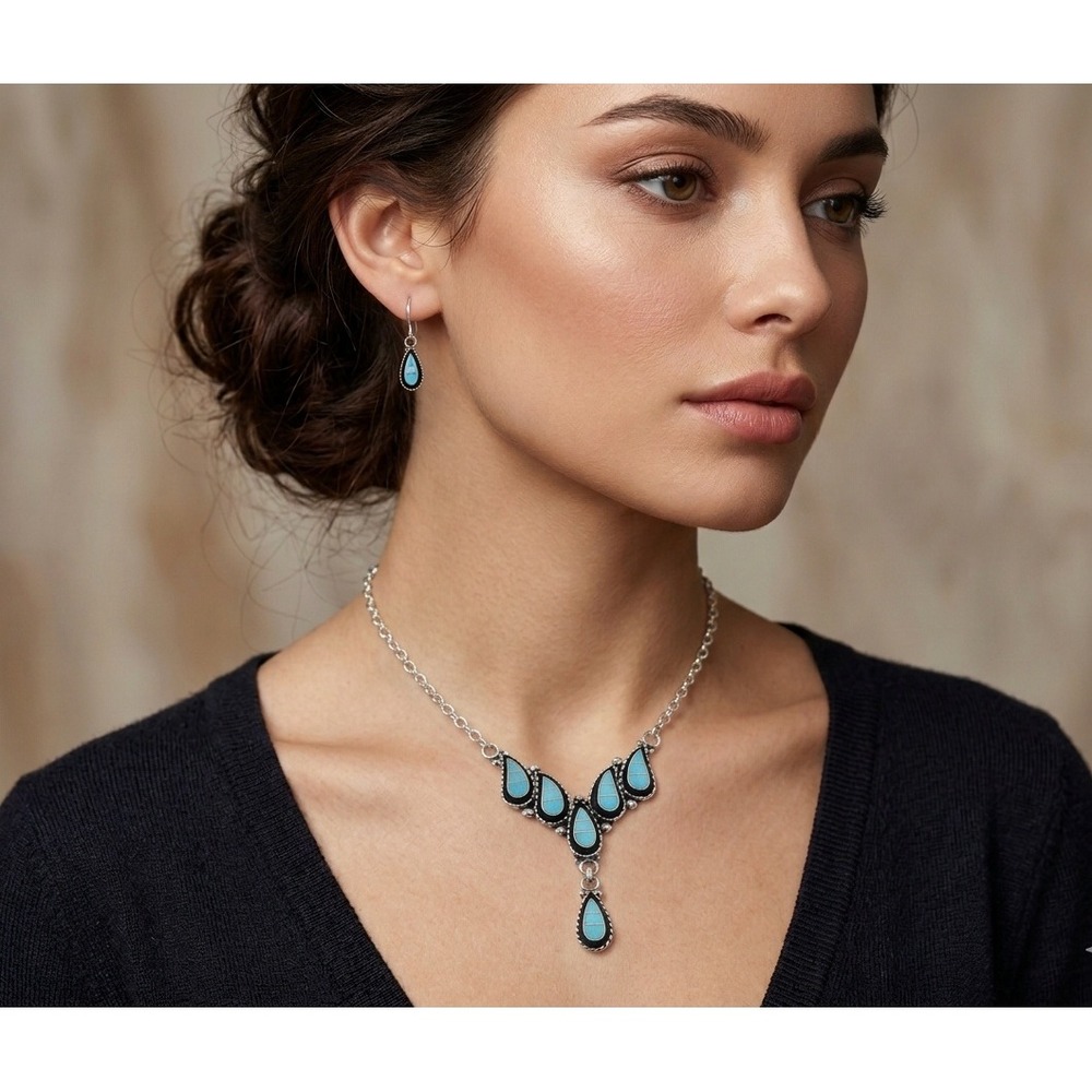 Zuni Sleeping Beauty Turquoise Inlay Necklace and Earring Set